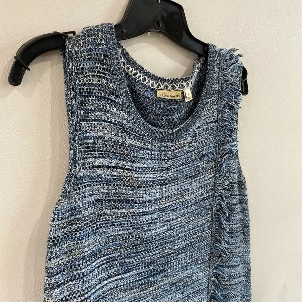 Anthro Holding Horses Fringe Sweater Dress Blue‎ Sleeveless Knit Size M